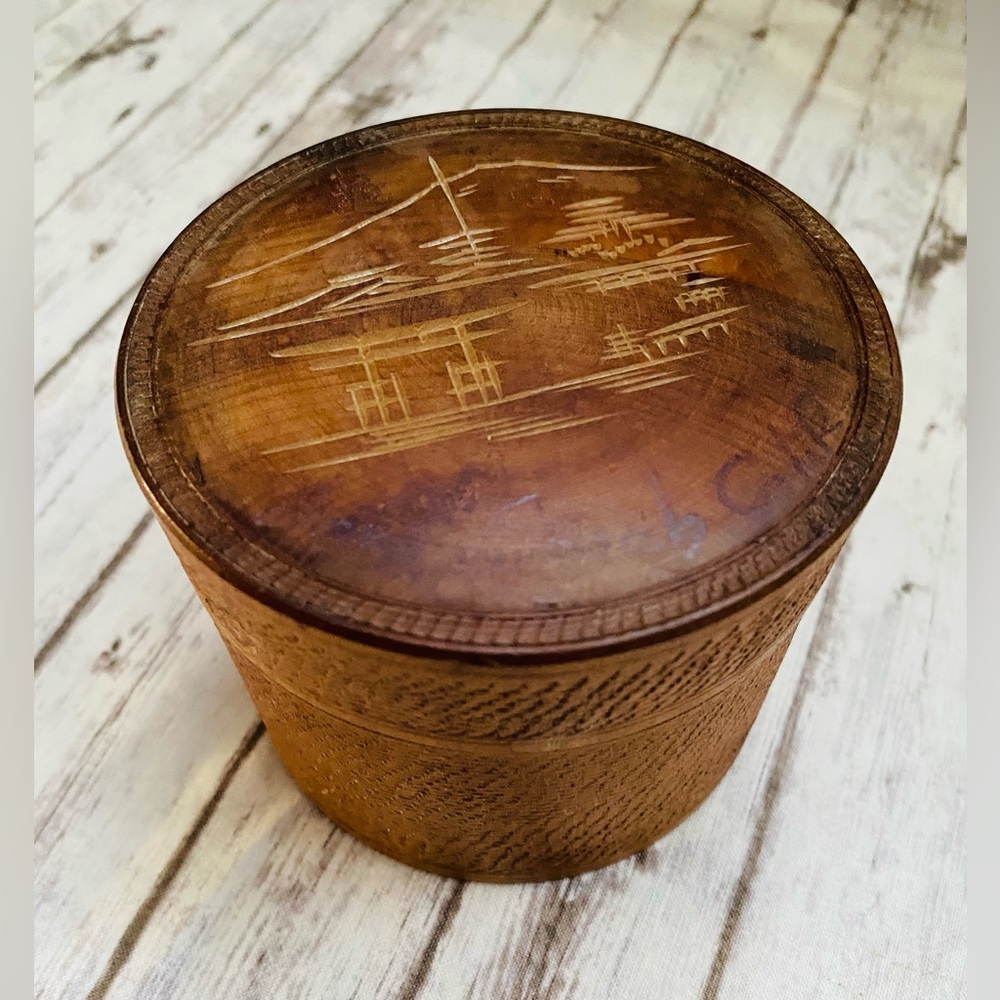 Vintage Japanese Wooden Coaster Set-Etched Ornate Wood 12 Coasters & Round Box